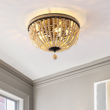 Dune Wood Bead 15.25" Bohemian Farmhouse Iron LED Semi Flush Mount - JONATHAN Y
